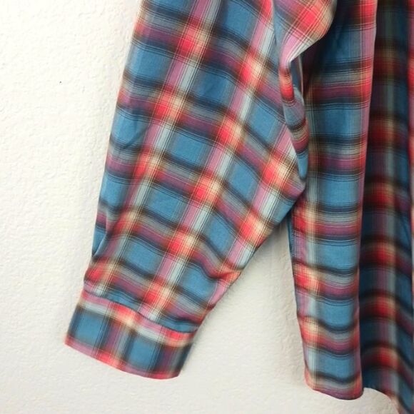 Round Tree & York Men smart  blue brown red plaid long sleeve button up shirt L - Picture 4 of 9